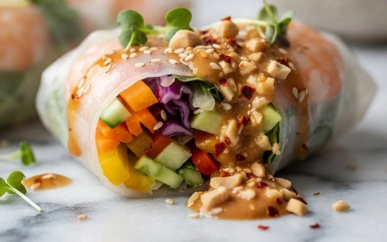 Rainbow Spring Rolls with Gin Extractger Peanut Sauce