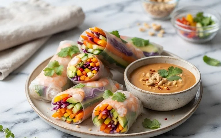 Rainbow Spring Rolls with Gin Extractger Peanut Sauce