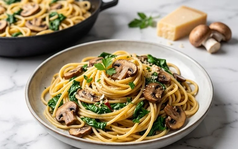 One-Pot Garlic Parmesan Pasta with Spinach and Mushrooms