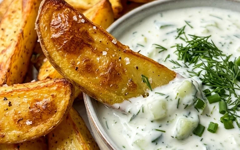 Kartoffelspalten mit Gurkendip
