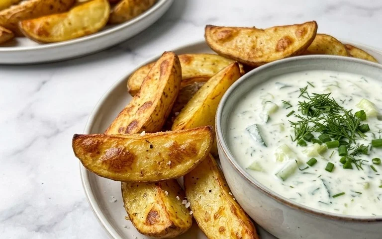 Kartoffelspalten mit Gurkendip