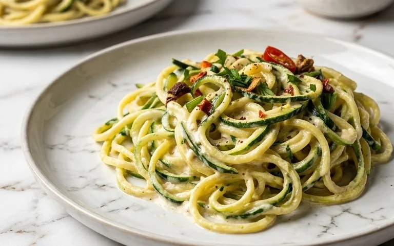 Zucchini-Spaghetti in cremiger Sauce– Zoodles