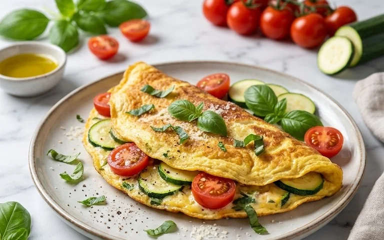 Zucchini-Omelett mit Tomaten und Basilikum
