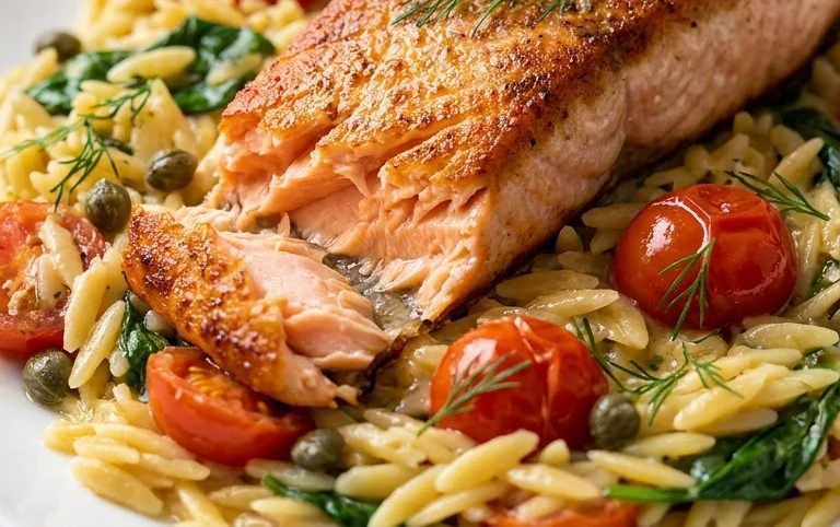 One Skillet Salmon with Lemon Orzo