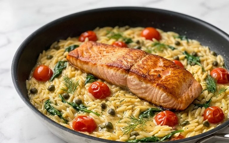 One Skillet Salmon with Lemon Orzo